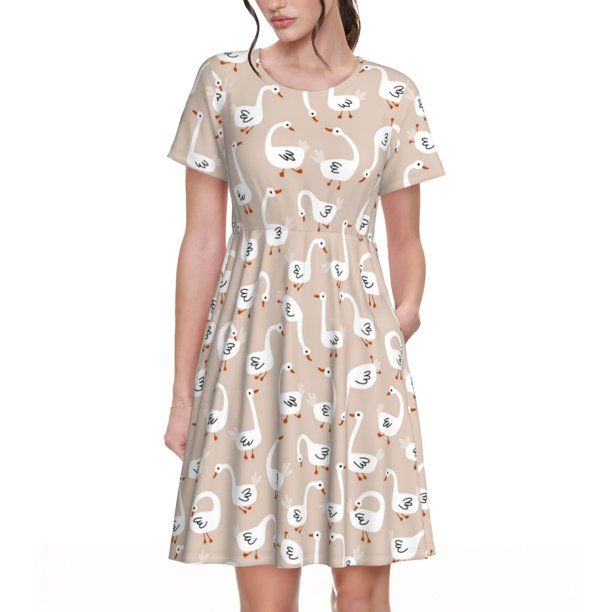 Balery White Goose Vestidos sueltos de manga corta para mujer, vestidos de verano 2025, vestidos casuales de corte A con vuelo.