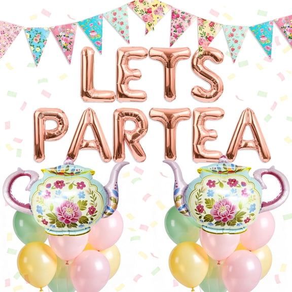 Let's Partea Tea Party Balloon Decorations Set - Rose Gold Letters & Teapot Design for Garden Afternoon Tea & Retro Gatherings