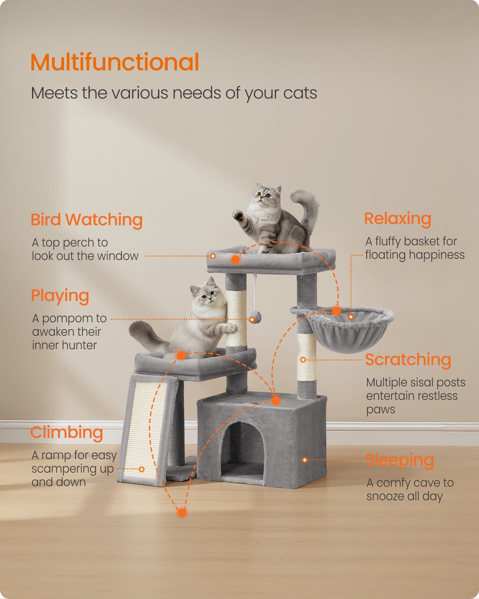 Feandrea Cat Tree, Cat Tower Condo with Scratching Posts and Ramp, 2 Large Perches, Cave, Basket, 33.8 Inches Tall, Dove Gray