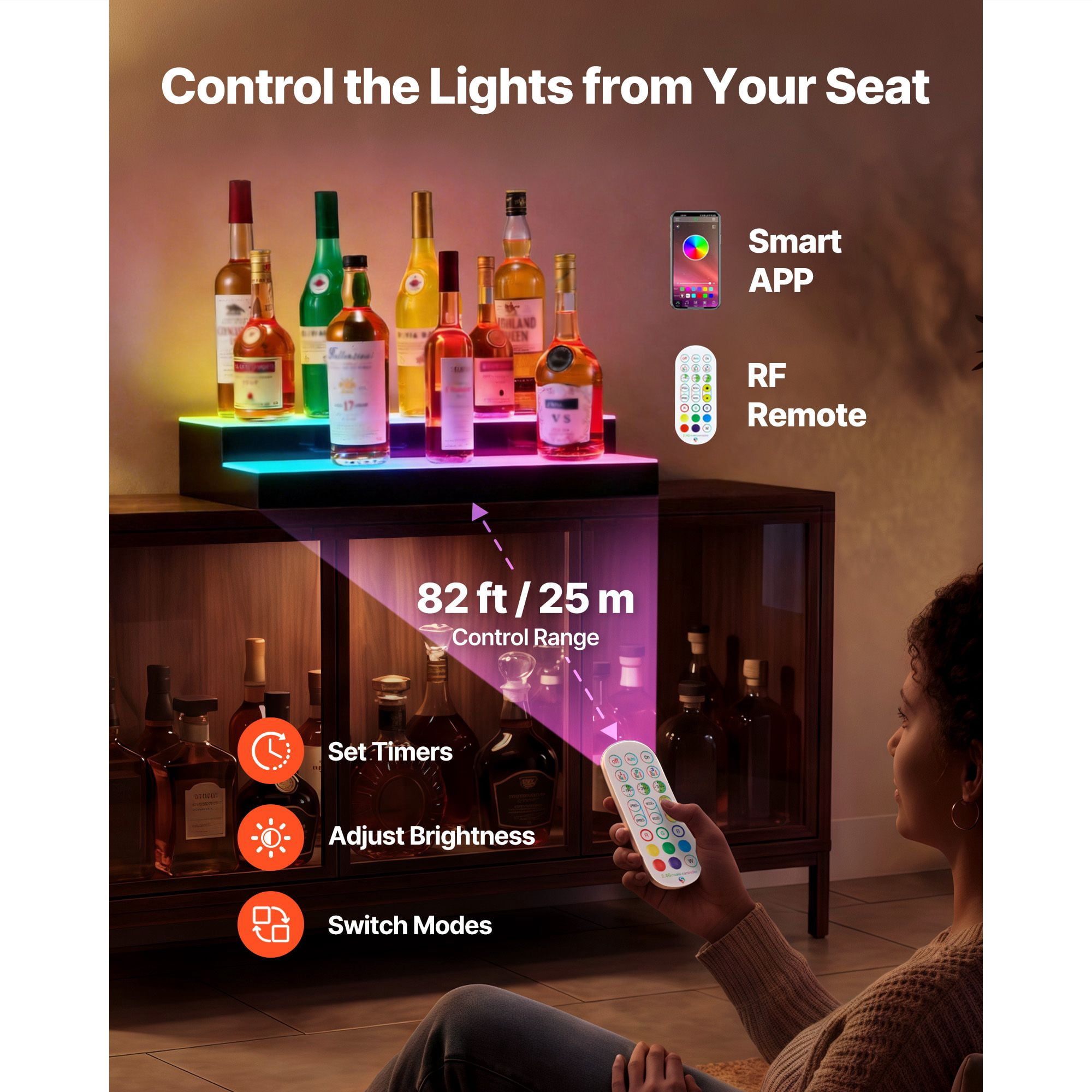 LED Lighted Liquor Bottle Display 2 Tiers 30 Inch, 60 LEDs/m, App & Remote Control, 9 Static Colors, for 14-20 Bottles Home Bar