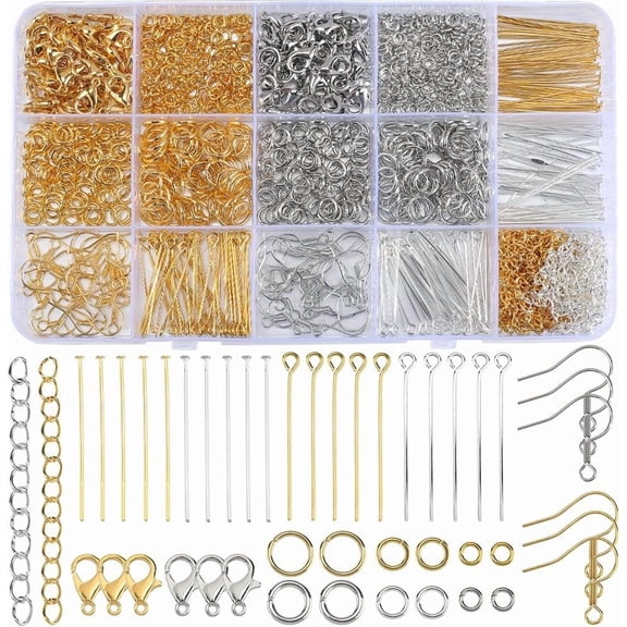 1 Box 1200Pcs Jewelry Eye Pins Fish Hook Earring Making Kit Gold Brass Earring Silver Clasps Jump Rings Craft Accessories for Jewelry Making Earrings Necklace Supplies DIY Colorful