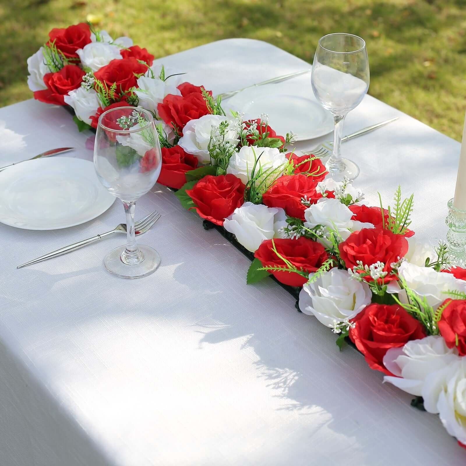Efavormart 6 Pack Red Ivory Silk Rose Flower Panel Table Runner, Artificial Floral Arrangements Dining Table Decor - 20"x8"