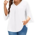 thumbnail image 5 of bbyeadc Plus Size Women White Blouses Ruched Split Cuff 3/4 Sleeve Tee Tops Casual V Neck Oversized Summer Clothes L-5XL Fashion Light Loose Baggy Shirt, White L, 5 of 5