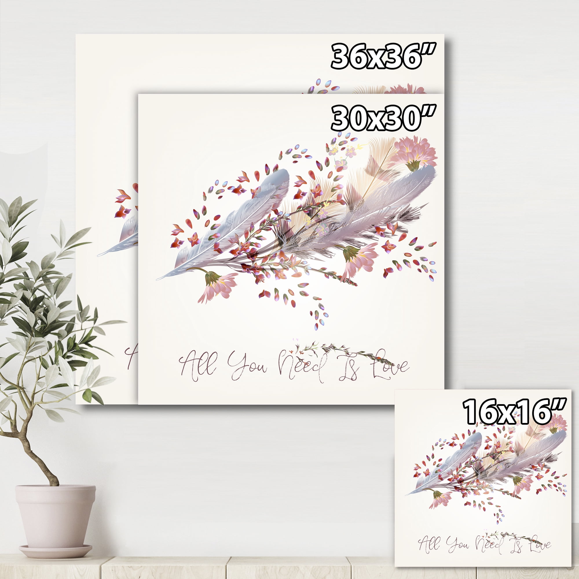 Pink Feathers and Flowers All You Need Is Love 16 in x 16 in Painting Canvas Art Print, by Designart