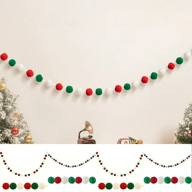 Corona Navideña de Bolas de Fieltro, 2 M (6,6 Pies), Roja, Blanca y Verde | Hecha a Mano, 20 Bolas de Lana | Ideal para Chimeneas, Árboles, Puertas y Escaleras | Decoración Festiva y Alegre