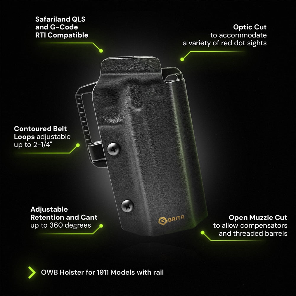 GRITR OWB Kydex Right Hand Pistol Holster Fits Railed 1911 Pistol Models
