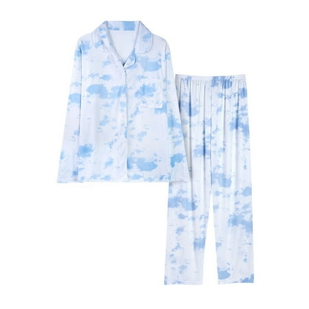 

Frontwalk Ladies Pajamas Sets Button Down Nightwear Long Sleeve Sleepwear Pjs Casual Lounge Set Lapel Tie Dye Blue L
