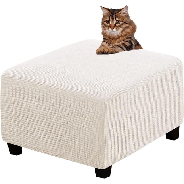 Ottoman Cover Slipcovers Square Fit Length 13"-44" Footrest, Stool Covers, Ottoman Protector Cover, Footstool Covers with Stretch Thick Checked with Elastic Bottom, Removable Washable(Ivory,S(33-45cm)