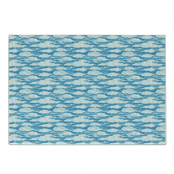 Blue and White Cutting Board, Swirling Fluffy Cloud Shapes with Japanese Influences, Decorative Tempered Glass Cutting and Serving Board, Small Size, Pale Blue White Blue, by Ambesonne