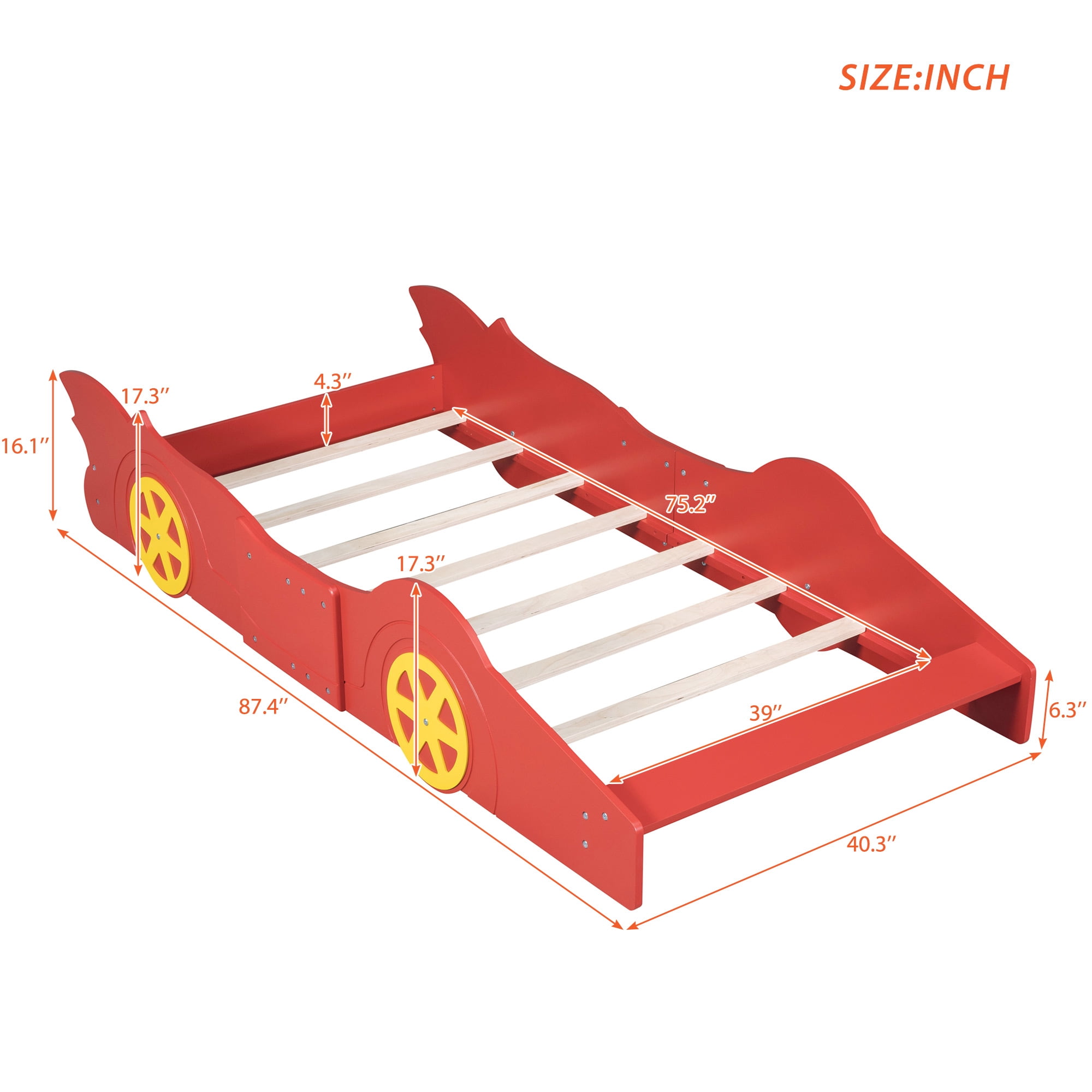 Gewnee Twin Size Platform Bed,Wood Race Car-Shaped Platform Bed Frame for Kids Child,Red