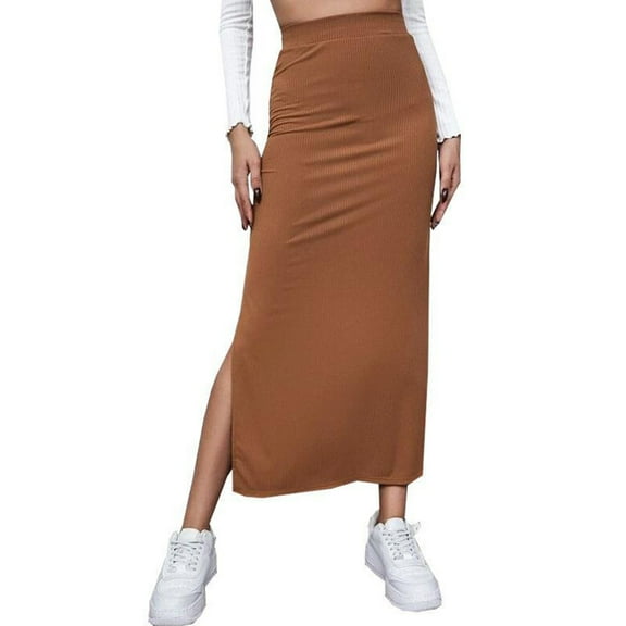 Rawiri Slit Long Skirt Elestic High Waist Women Bodycon Solid Color Medium Length for Party Vacation Brown S