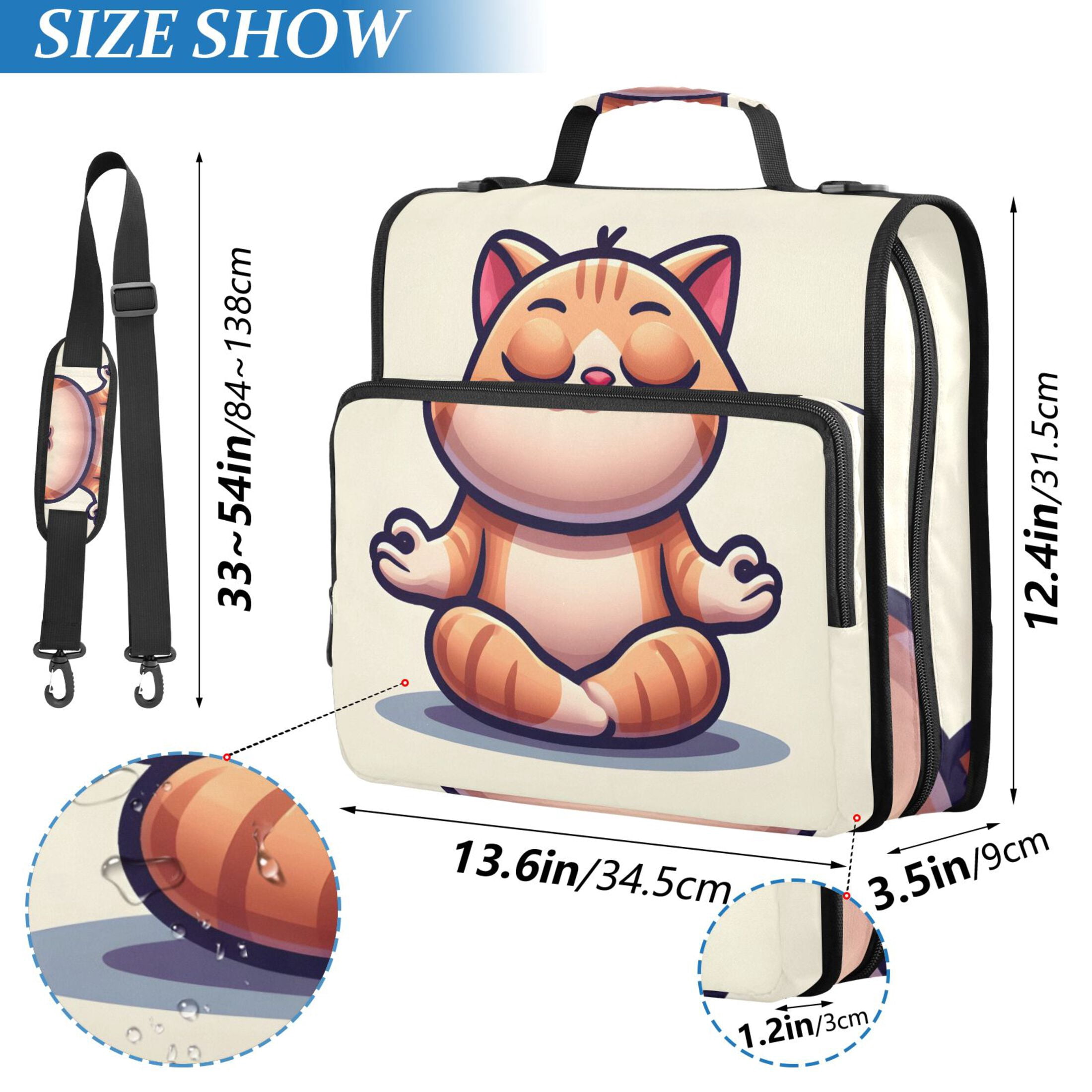 3 Ring Zipper Binder with Shoulder Strap Waterproof Trapper Keeper 2 Inch D-Ring 500 Sheets Capacity Cartoon Yoga Cat