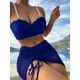 thumbnail image 1 of Conjunto de Bikini con correa de perlas para mujer, traje de baño de cintura alta con cordón y realce de concha azul, 3 piezas, 1 of 5