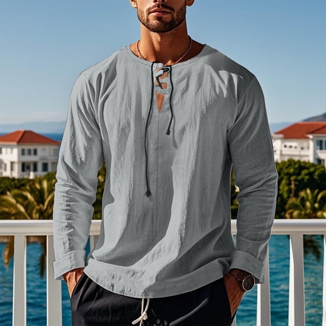 Blusas y camisas de manga larga con cuello en V para hombre, blusa informal de moda lisa con tirantes sueltos, blusa de manga larga con cuello en V, blusa de poliéster para hombre