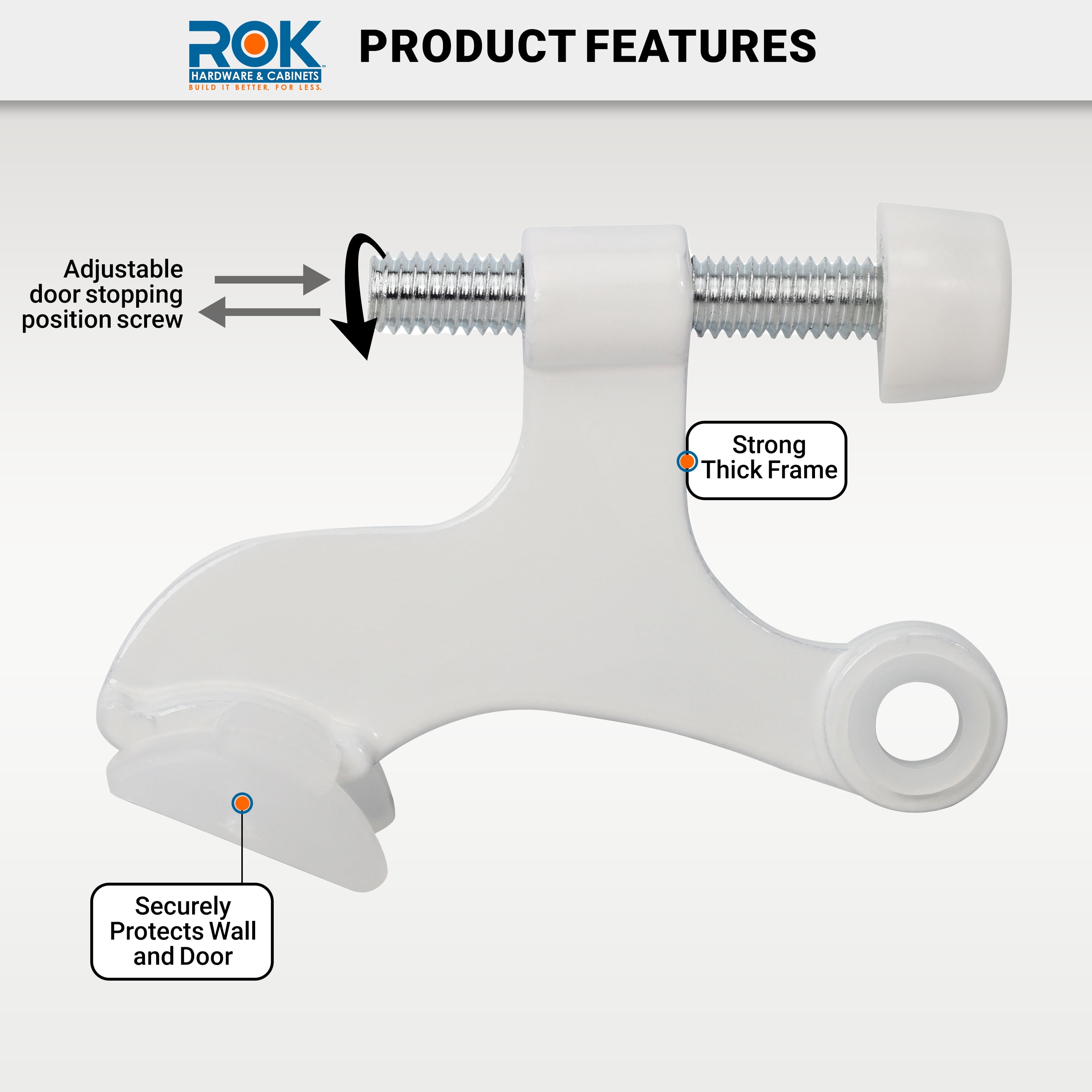 10 Pack Rok Hardware Heavy Duty Hinge Pin Door Stop, White Finish with White Rubber Trims