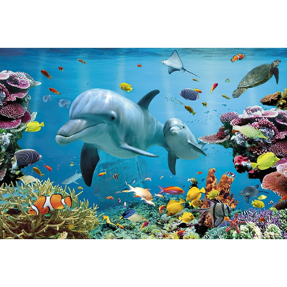Tropical Underwater - Ocean Sealife - Poster (Dolphin Mother & Baby) (36" X 24")