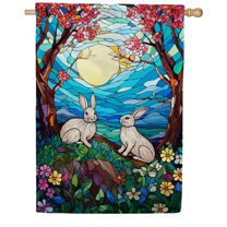 America Forever Easter Bunnies House Flag 28 x 40 inch Double Sided Glass Style Rabbit Spring Flowers Moon Farmhouse Small Holiday Seasonal Easter Day Flags for Outdoor Yard Lawn Decoration