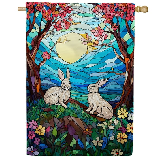 America Forever Easter Bunnies House Flag 28 x 40 inch Double Sided Glass Style Rabbit Spring Flowers Moon Farmhouse Small Holiday Seasonal Easter Day Flags for Outdoor Yard Lawn Decoration