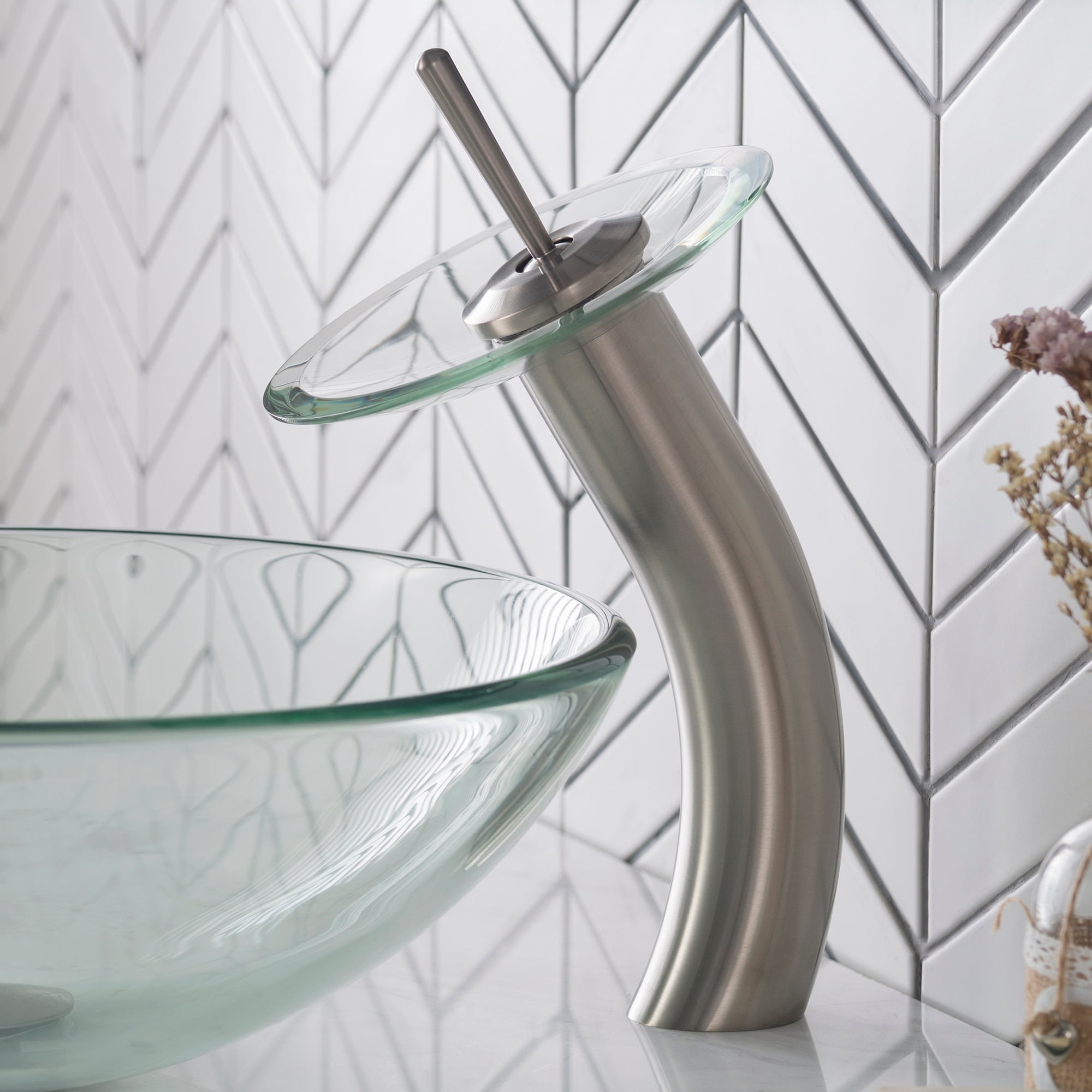 KRAUS Tall Waterfall Bathroom Faucet for Vessel Sink with Clear Glass Disk, Satin Nickel Finish