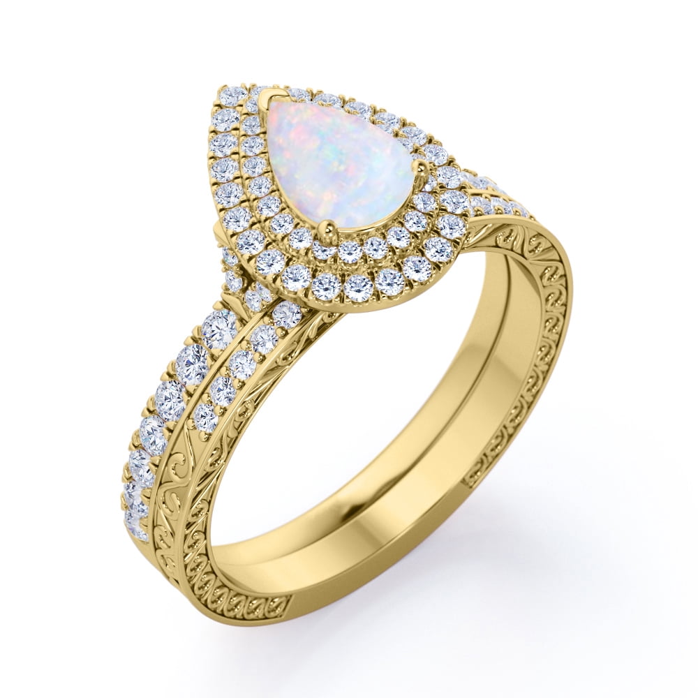 JeenMata Double Halo Set 1.75 Carat Pear Shape Ethiopian Opal and Moissanite Pave Victorian Bridal Ring Set in 18K Yellow Gold Plating over Silver