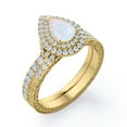 thumbnail image 4 of JeenMata Double Halo Set 1.75 Carat Pear Shape Ethiopian Opal and Moissanite Pave Victorian Bridal Ring Set in 18K Yellow Gold Plating over Silver, 4 of 7