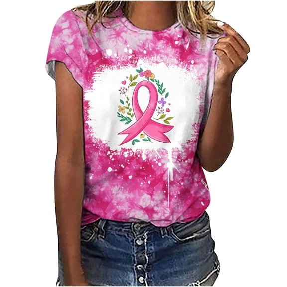 Luxalzxs Breast Cancer Awareness Shirts Women Pink Ribbon T-Shirt Cancer Fight Tees Casual Short Sleeve Round Neck Inspirational Tops Shirt