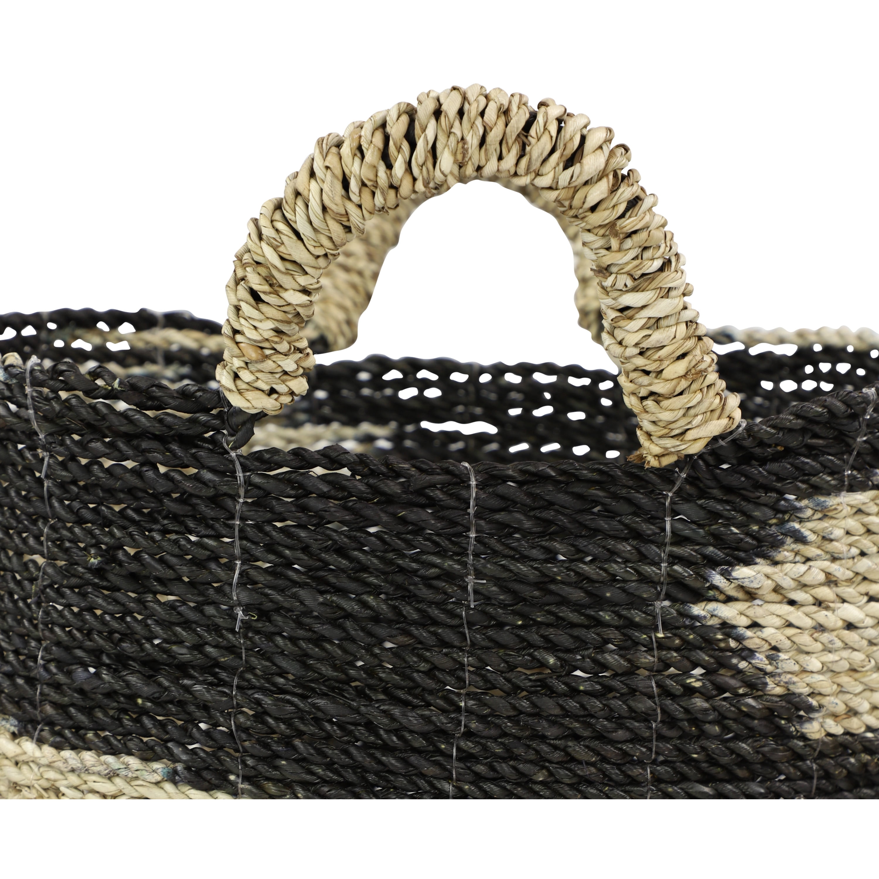 DecMode 18", 17", 16"H Black Seagrass Handmade Two Toned Storage Basket with Handles, 3-Pieces