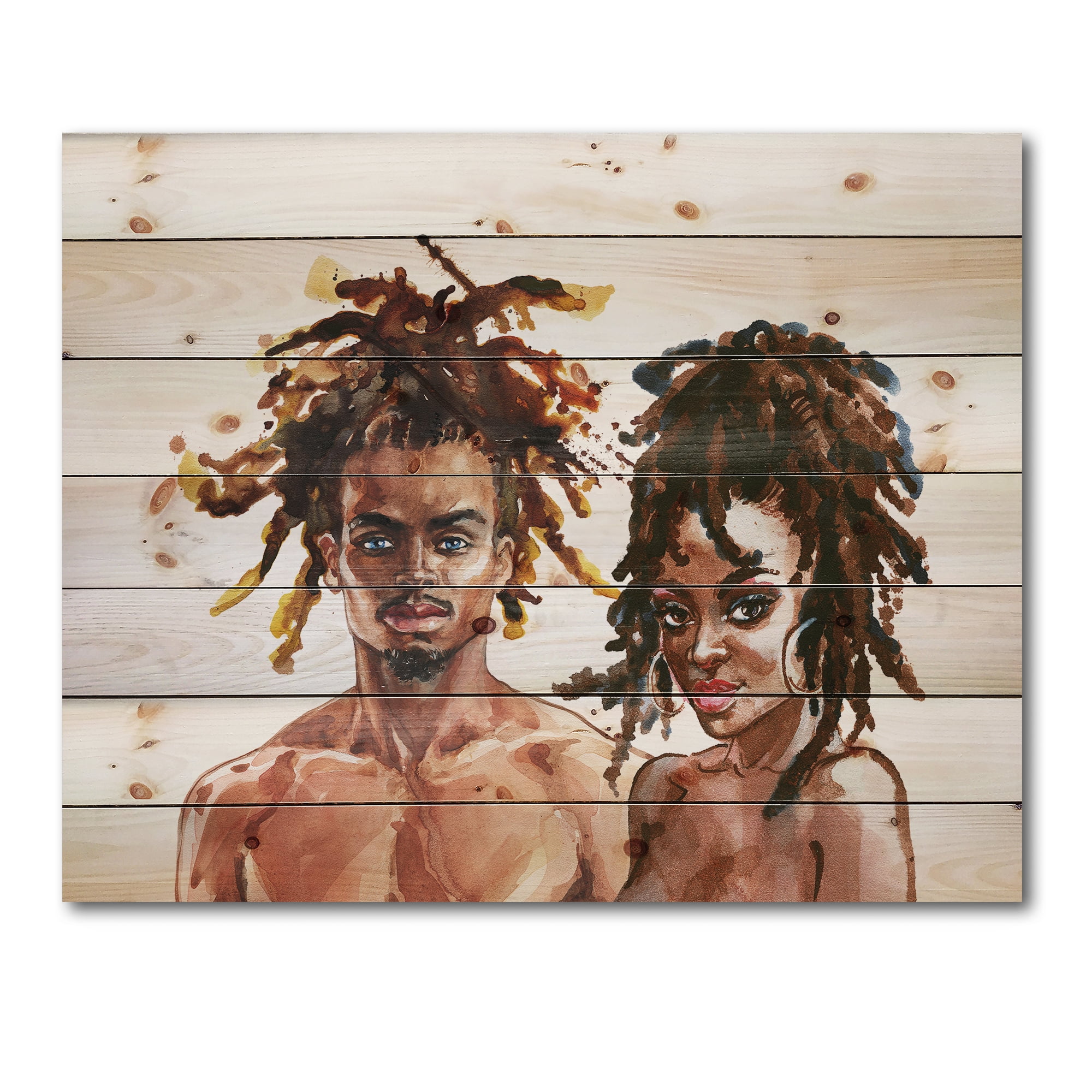Designart 'Portrait of African American Couple' Modern Print on Natural Pine Wood