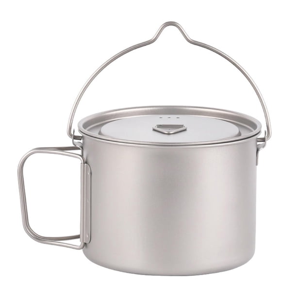 Olla de titanio para exteriores de 900 ml con tapa, olla colgante redonda de titanio, taza para exteriores para mochileros, pesca, hogar y