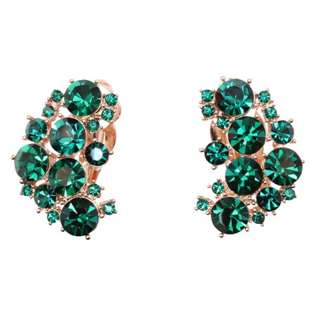Blue Rhinestone Clip Earrings - Faship Clip On Earrings Stunning Green Rhinestone Crystal - Green/Goldtone