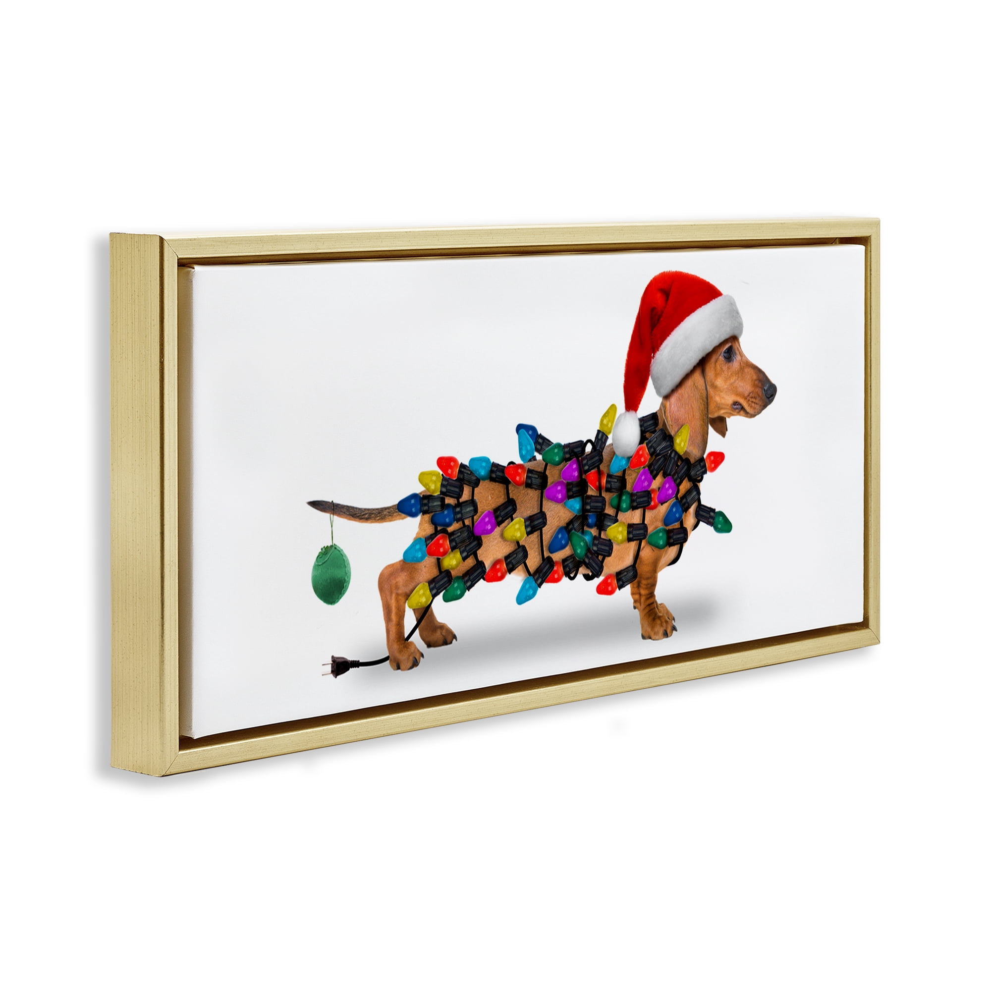 Stupell Industries Holiday Lights Dachshund Holiday Painting Gold Floater Framed Canvas Art Prints Wall Art, 31 x 14