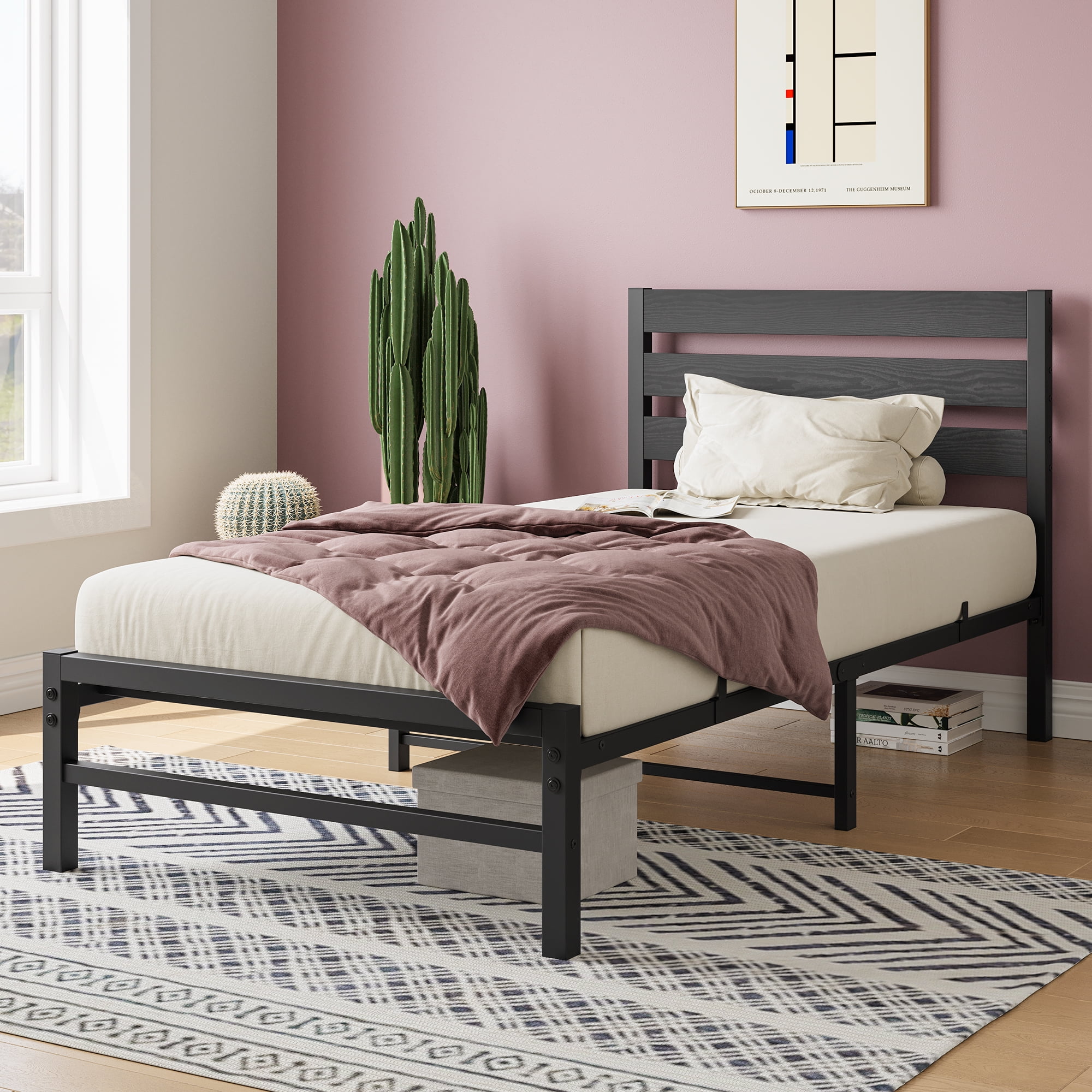 Aukfa Metal Platform Bed, Twin Bed Frame with Wood Headboard, Black