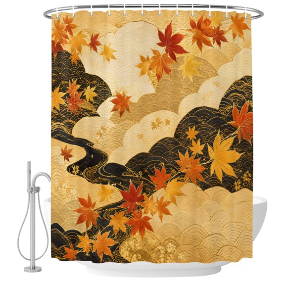 Gold Cloud Shower Curtain for Bathroom, Red Maple Leaf Amber Golden Black Wavy River Waterproof Cloth Fabric Bathroom Accessories Set with 10 Rust Proof Plastic Hooks, 48"x72"