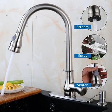 Ainfox Contemporary Pull Out Spray Kitchen Sink Faucet  , With Brushed Nickel , Soap Dispenser with Single (Best Pull Out Kitchen Taps)