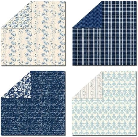 Navy Blue Vintage Floral Scrapbook Paper – 24 Sheets Double-Sided Botanical Designs with Antique Flower Textures, Acid-Free 160g Cardstock for DIY Crafts, Card Making, Scrapbook, Photo Albums