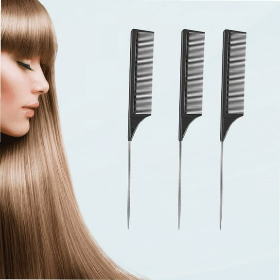 3 Pack Rat Tail Combs with Heat Resistant Carbon Fiber Fine Tooth and Stainless Steel Handle Pin Design for Pintail Hair Parting Teasing (Black)