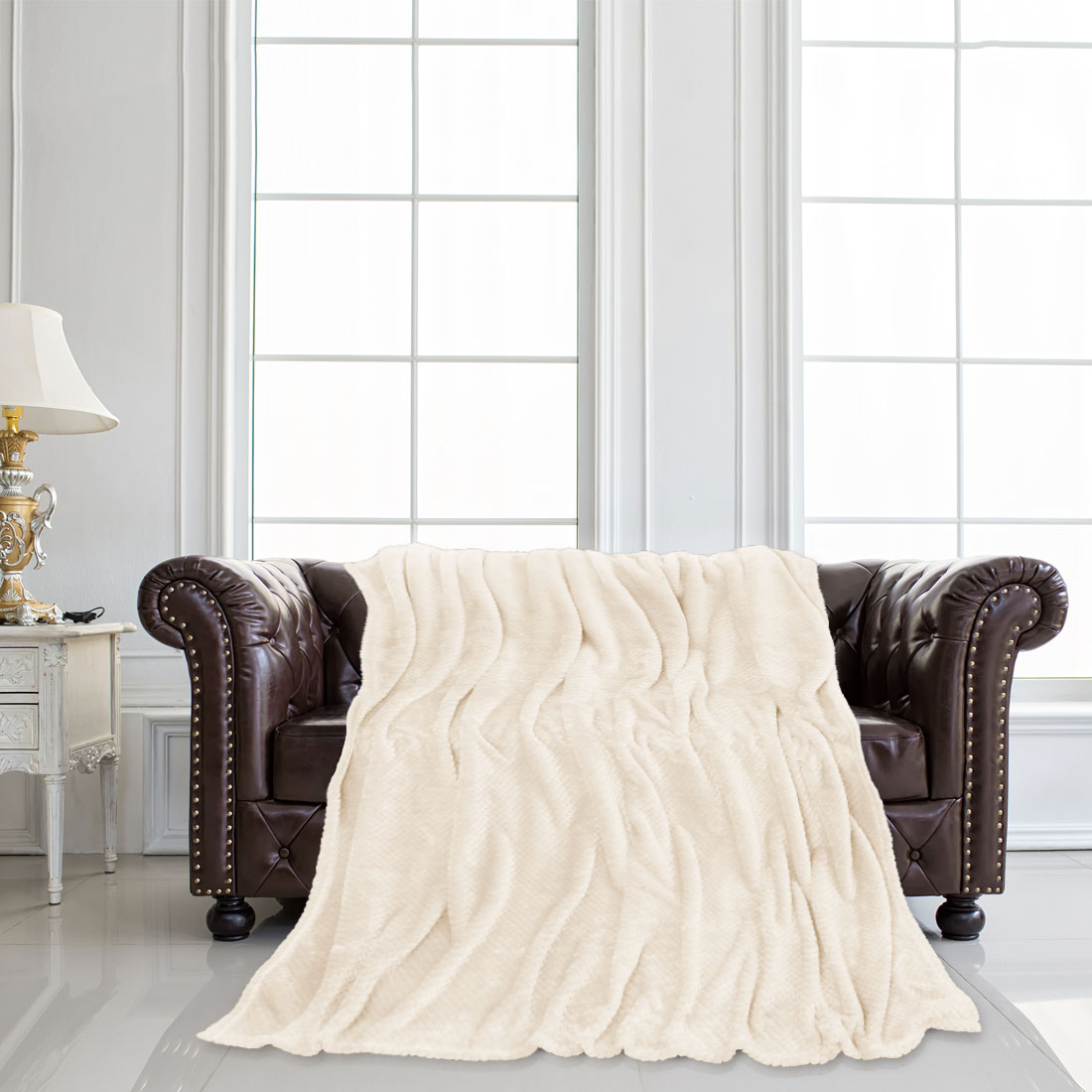 Bed Blankets Mesh Soft Plush Fleece Blanket for Full Beige 70" x 78