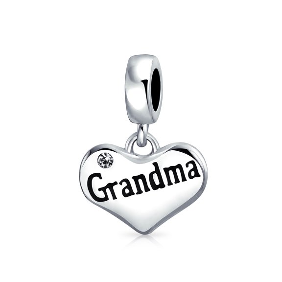 Bling Jewelry Womens Grandma Heart Dangle Charm Bead for Grandmother Crystal Accent Sterling Silver