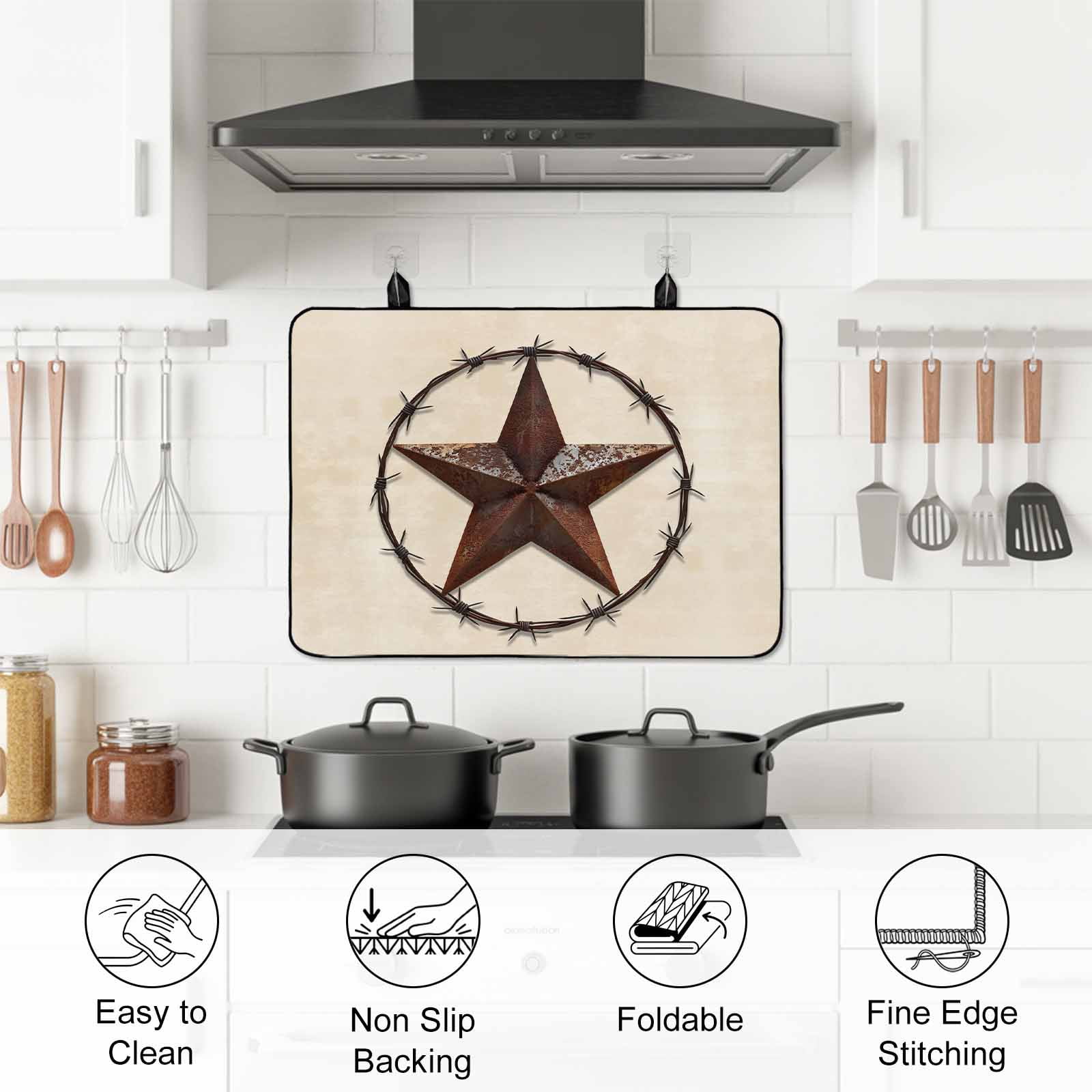 Texas Star Farmhouse Stove Top Cover for Electric Stove, Heat-proof & Non Slip Glass Top Stove Cover Protector, Western Country Stars Retro Kitchen Flat Cooktop Rubber Mat 24x21 Inches