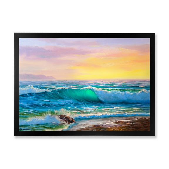 Designart 'Blue Waves Breaking At The Beach Landscape IV' Nautical & Coastal Framed Art Print