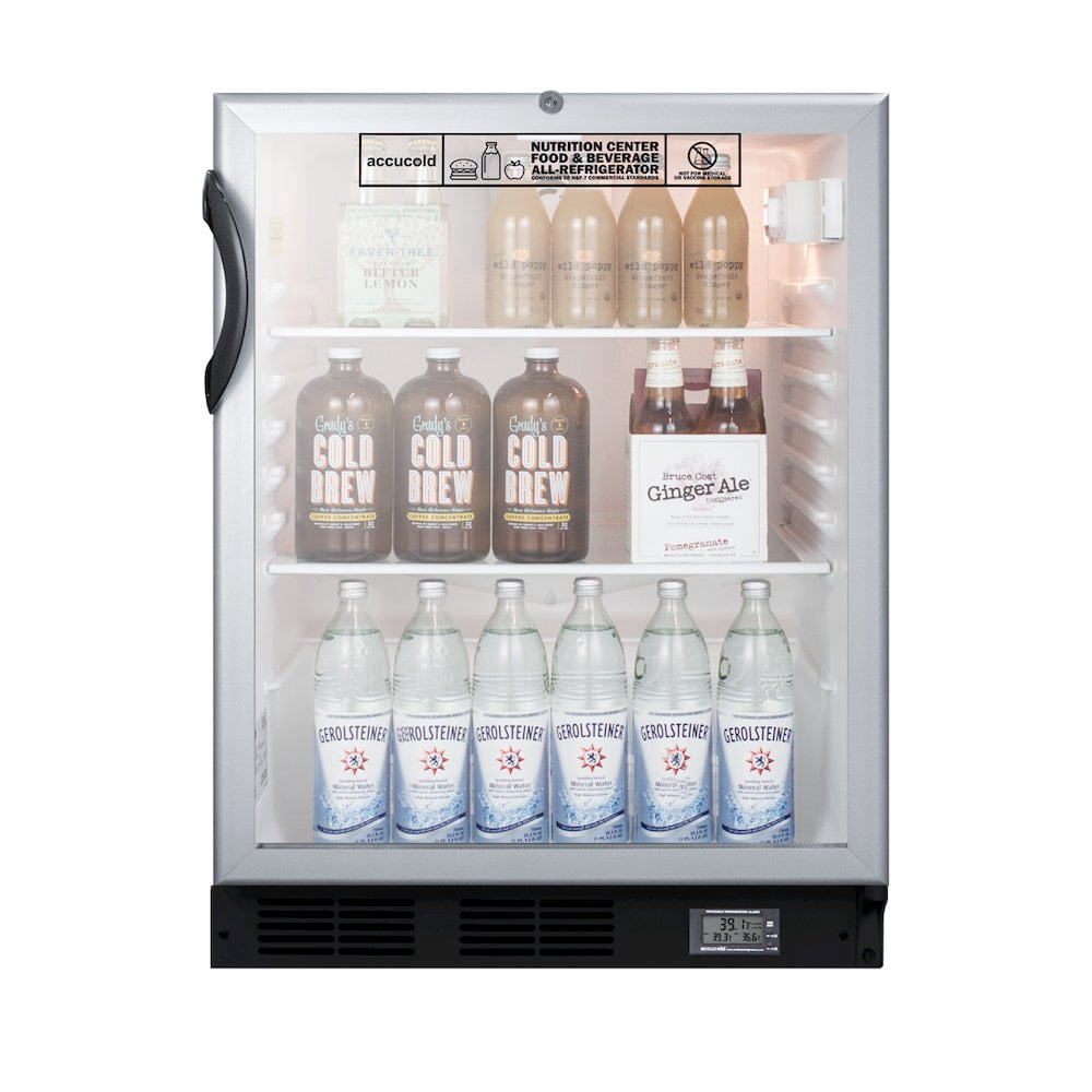 Commercially approved ADA compliant Nutrition Center series glass door all-refrigerator for built-in or freestanding use, with front lock and digital temperature display