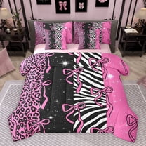 Homewish Girly Pink Fashion Twin Bedding Sets 7-Piece, Leopard Cheetah Print Bedding Comforter Set, Kawaii Cartoon Ribbon Bow Reversible Sheet Sets, Super Cozy Room Decor