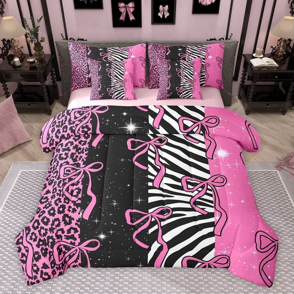 Homewish Girly Pink Fashion Twin Bedding Sets 7-Piece, Leopard Cheetah Print Bedding Comforter Set, Kawaii Cartoon Ribbon Bow Reversible Sheet Sets, Super Cozy Room Decor