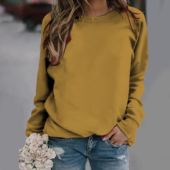 Jsaierl Womens Sweatshirt Plus Size Solid Color Sweatshirts Round Neck Dressy Casual Pullover Tops Workout Long Sleeve Blouses Winter Saving