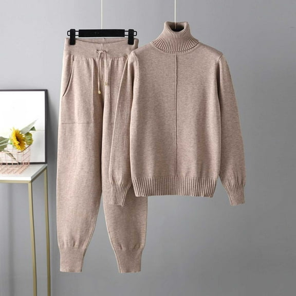 Women Autumn And Winter Fashion Temperament Loose Casual High Neck Top And Wide Leg Pants Knitted Sweater Two Piece Suit Homecoming Suits for Women Petite Pant Suits for Women Dressy Work Out Outfit