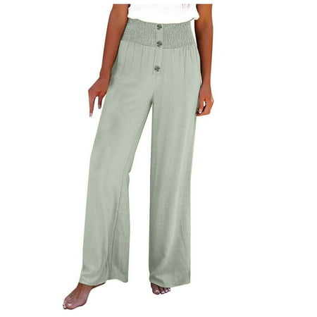 

Dadaria Linen Pants for Women High Waist Petite Solid Pants Comfortable Elastic High Waist Wide Leg Loose Beach Pants Green XL Female