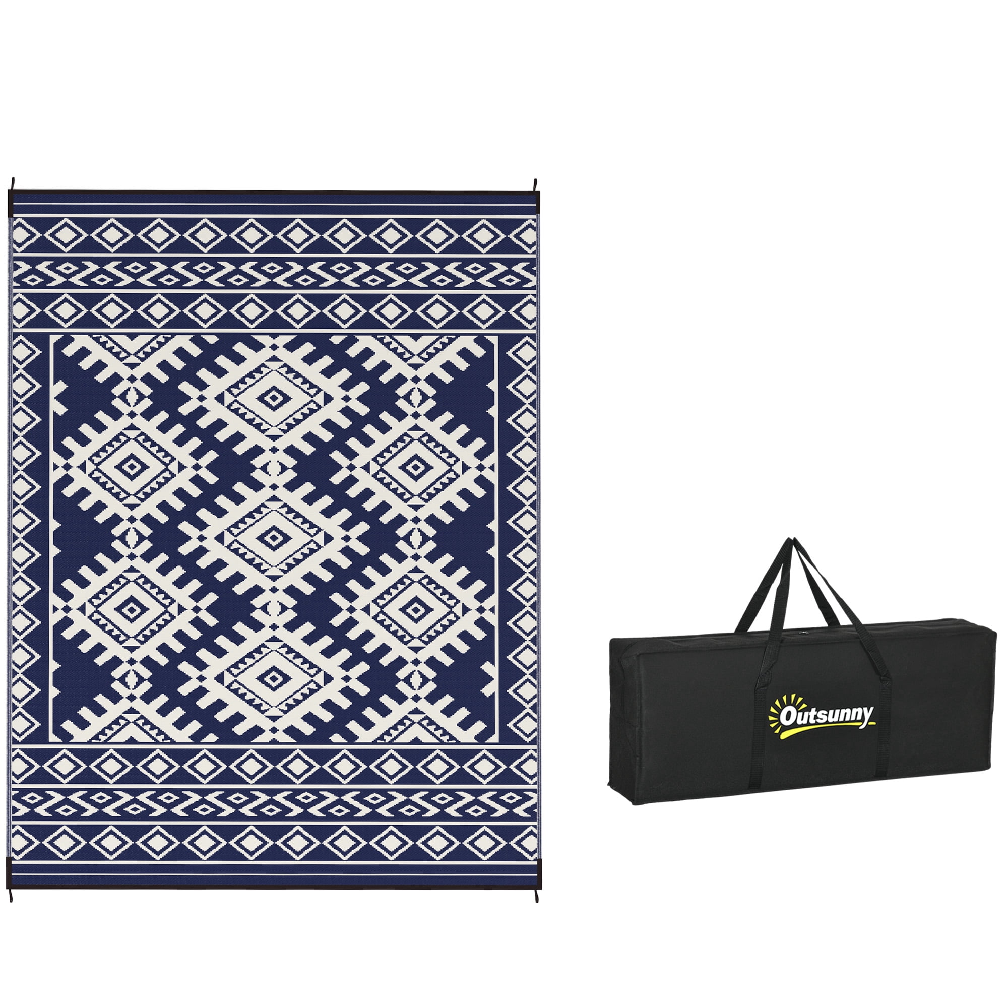 Outsunny Outdoor Patio Rug, Large Camping Carpet with Carrying Bag, 9' x 12' Waterproof Plastic Straw, Reversible, Blue & White Rhombus Border