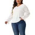 thumbnail image 2 of DARING DIVA Women's Plus Lace V Neck Long Sleeve Blouse 1X White, 2 of 6