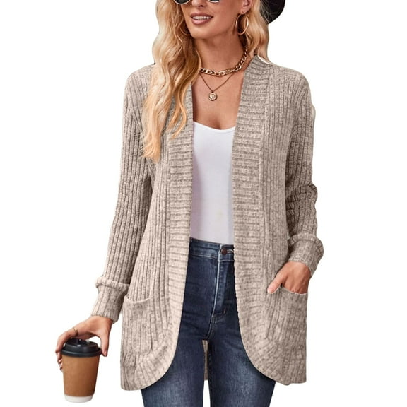 jinghuiyue Womens Cardigan Sweater Long Sleeve Open Front Knit Cardigans Coat Fashion Lightweight Soft Outerwear with Pockets M