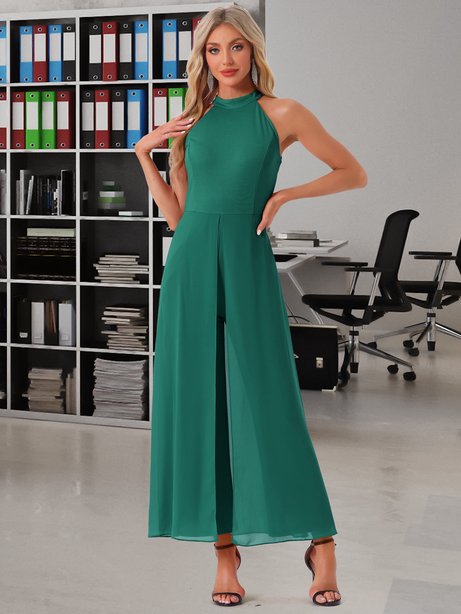 DARING DIVA Women's Sleeveless Chiffon Wide Leg Jumpsuit XS Dark green